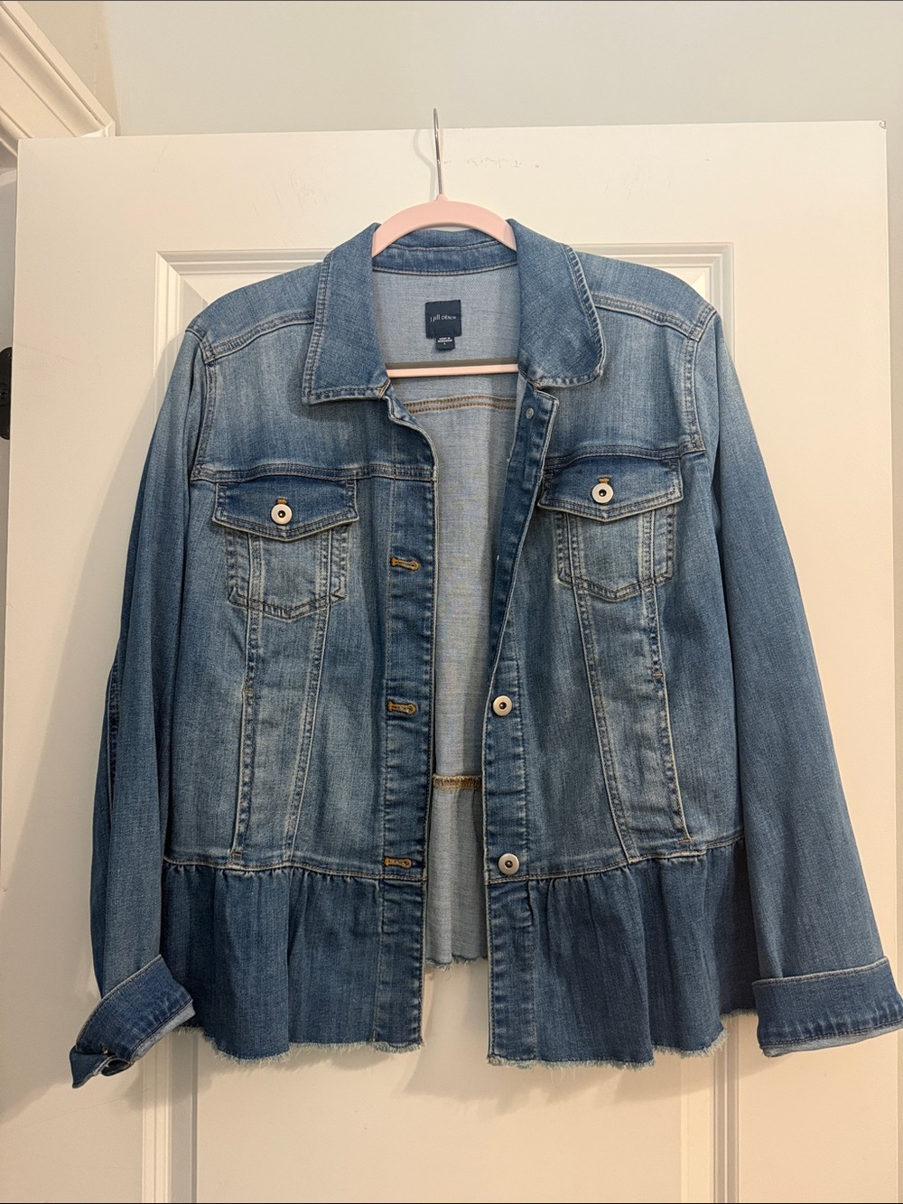 J. Jill Distressed Light Blue Denim Jacket with Peplum Hem
